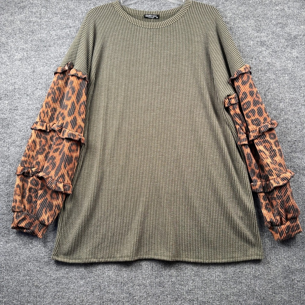 Heimish USA Womens 3X Olive Green Waffle Knit Leopard Ruffle Sleeve Tunic New
